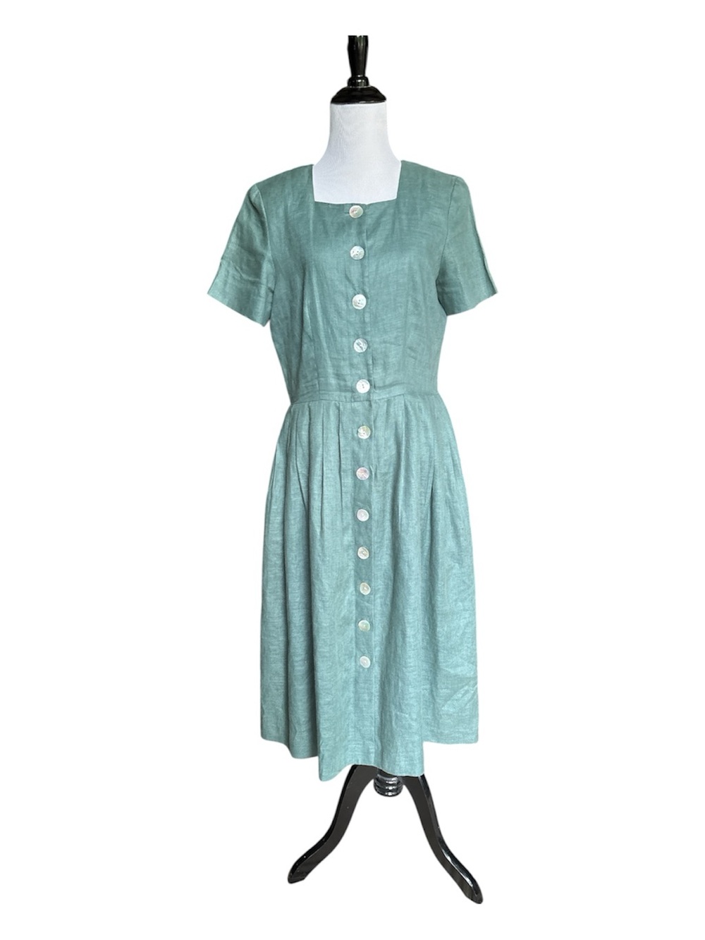 Talbots Mint Green Linen Button-Front Short Sleeve Midi Dress